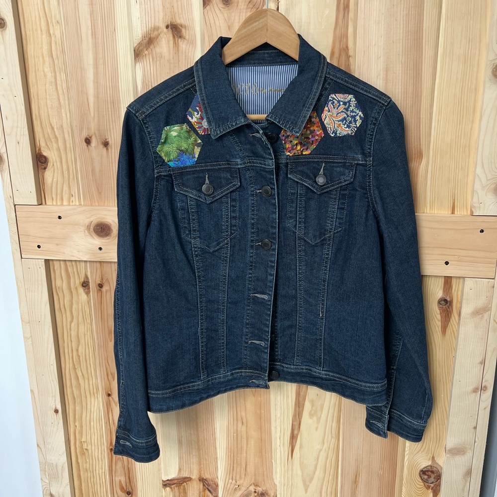 Up cycled Denim Jacket with Colorful Patchwork size Large